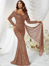 Giffniseti Off Shoulder Draped Side Sequin Formal Dress-MGW480-3