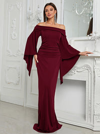 Giffniseti Off Shoulder Flare Sleeve Ruched Side Formal Dress-MGX572-1