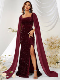 Square Neck Split Thigh Sequin Formal Dress-SS239-1