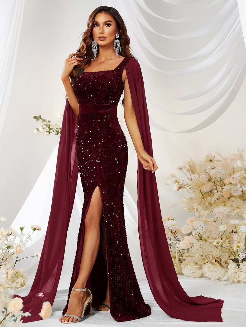 Square Neck Split Thigh Sequin Formal Dress-SS239-1