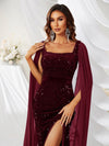 Square Neck Split Thigh Sequin Formal Dress-SS239-1