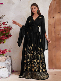 Giffniseti Floral Embroidery Split Sleeve Belted Dress-SSK8006-1