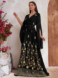 Giffniseti Floral Embroidery Split Sleeve Belted Dress-SSK8006-1