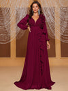 Giffniseti Plunging Neck Ruffle Trim Lantern Sleeve Dress-SSN228-2