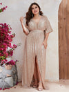 Plus Plunging Neck Batwing Sleeve Split Thigh Sequin Dress-FMGW460