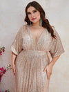 Plus Plunging Neck Batwing Sleeve Split Thigh Sequin Dress-FMGW460