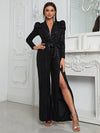 Giffniseti Plunging Neck Split Thigh Belted Sequin Party Jumpsuit-MGT777