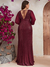 Plus Plunging Neck Lantern Sleeve Sequin Formal Dress-FMGT439-1