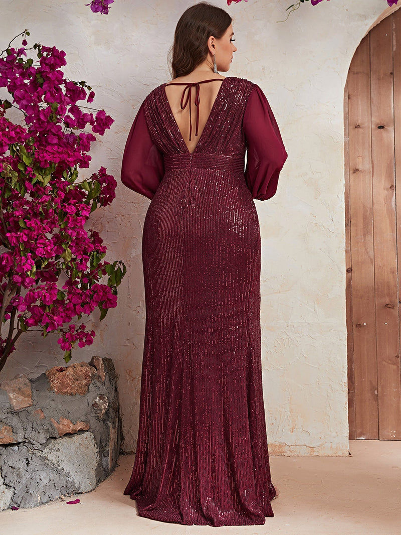 Plus Plunging Neck Lantern Sleeve Sequin Formal Dress-FMGT439-1