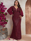 Plus Plunging Neck Lantern Sleeve Sequin Formal Dress-FMGT439-1