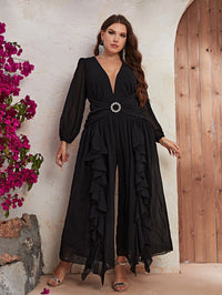 Plus Plunging Neck Ruffle Trim Ruched Wide Leg Jumpsuit-FPS321