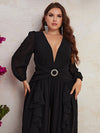 Plus Plunging Neck Ruffle Trim Ruched Wide Leg Jumpsuit-FPS321