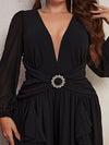 Plus Plunging Neck Ruffle Trim Ruched Wide Leg Jumpsuit-FPS321