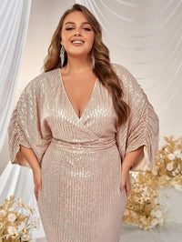 Plus Surplice Neck Batwing Sleeve Ruched Sequin Dress-FMGW256