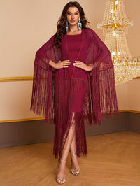 Giffniseti Fringe Trim Split Thigh Dress With Cape-SSN240-1