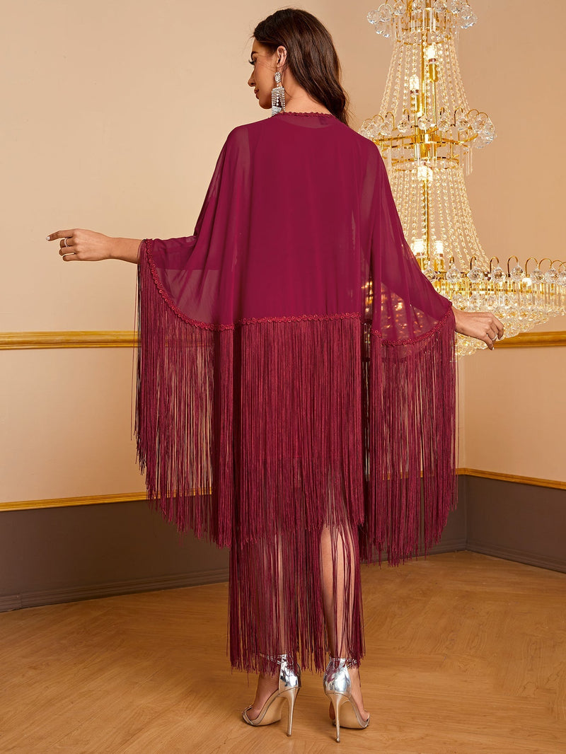 Giffniseti Fringe Trim Split Thigh Dress With Cape-SSN240-1