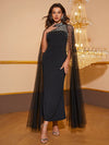 Giffniseti Contrast Mesh Rhinestone & Pearls Decor Mock Neck Formal Dress-SSN261