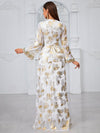 Giffniseti Gold-Printed Floral Design V-Neck Lace & Jacquard Trimmed Jalabiya Dress-SS482