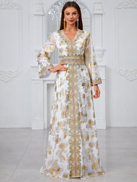 Giffniseti Gold-Printed Floral Design V-Neck Lace & Jacquard Trimmed Jalabiya Dress-SS482