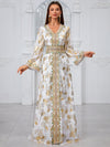 Giffniseti Gold-Printed Floral Design V-Neck Lace & Jacquard Trimmed Jalabiya Dress-SS482