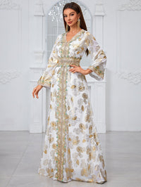 Giffniseti Gold-Printed Floral Design V-Neck Lace & Jacquard Trimmed Jalabiya Dress-SS482