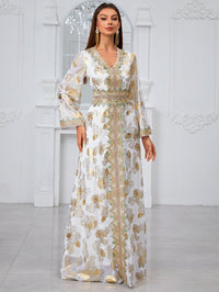 Giffniseti Gold-Printed Floral Design V-Neck Lace & Jacquard Trimmed Jalabiya Dress-SS482