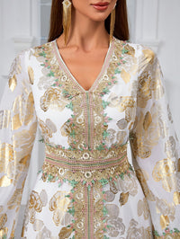 Giffniseti Gold-Printed Floral Design V-Neck Lace & Jacquard Trimmed Jalabiya Dress-SS482