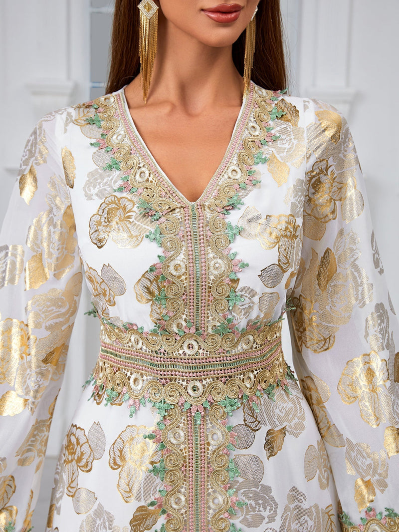 Giffniseti Gold-Printed Floral Design V-Neck Lace & Jacquard Trimmed Jalabiya Dress-SS482