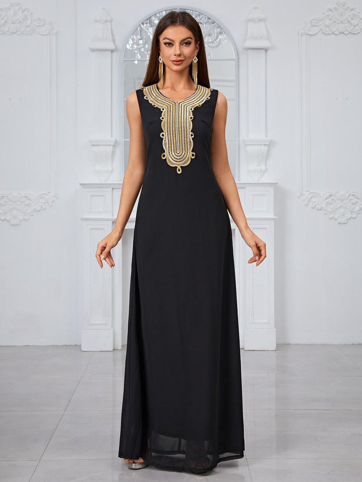 Giffniseti Embroidered Applique Sleeveless Dress And Dolman Sleeve Jacket Two-Piece Set-SS485