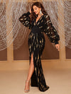 Giffniseti Gold Print Lantern Sleeve Split Thigh Dress-MGT618