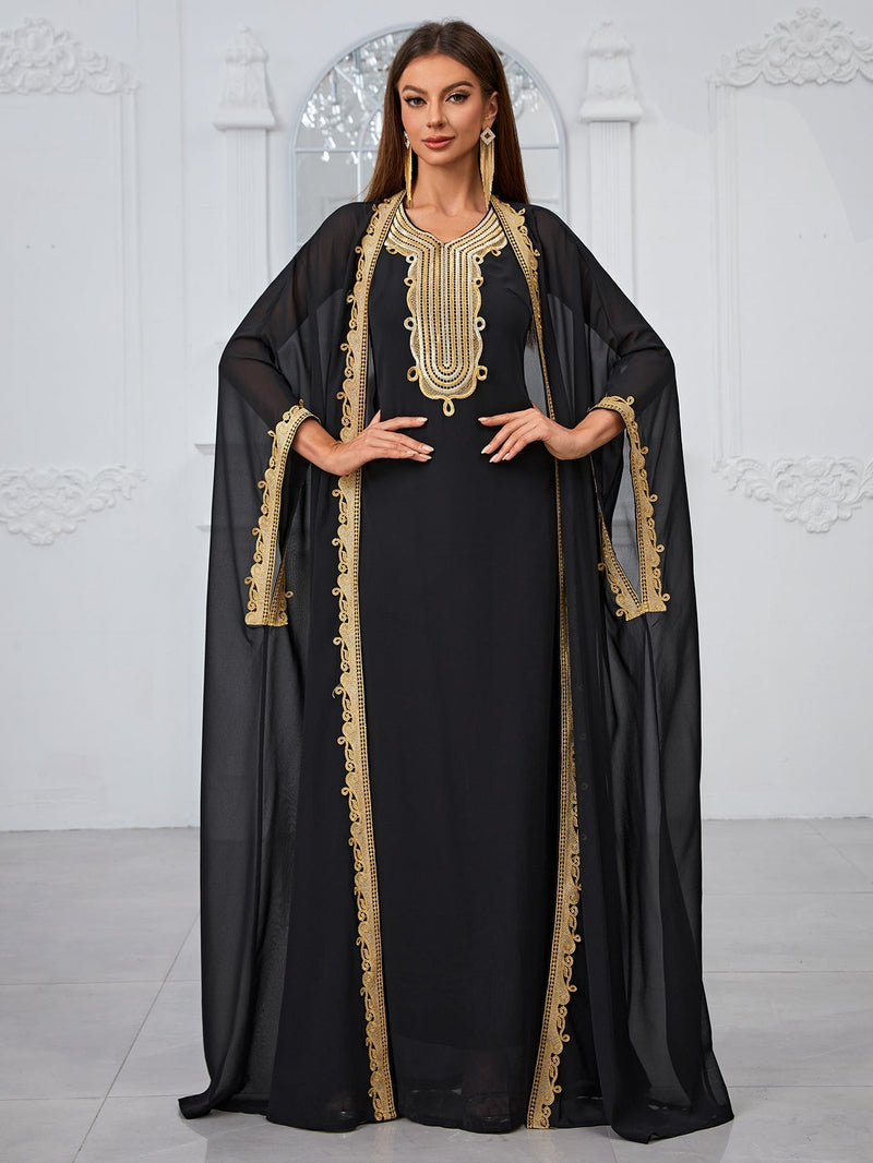 Giffniseti Embroidered Applique Sleeveless Dress And Dolman Sleeve Jacket Two-Piece Set-SS485