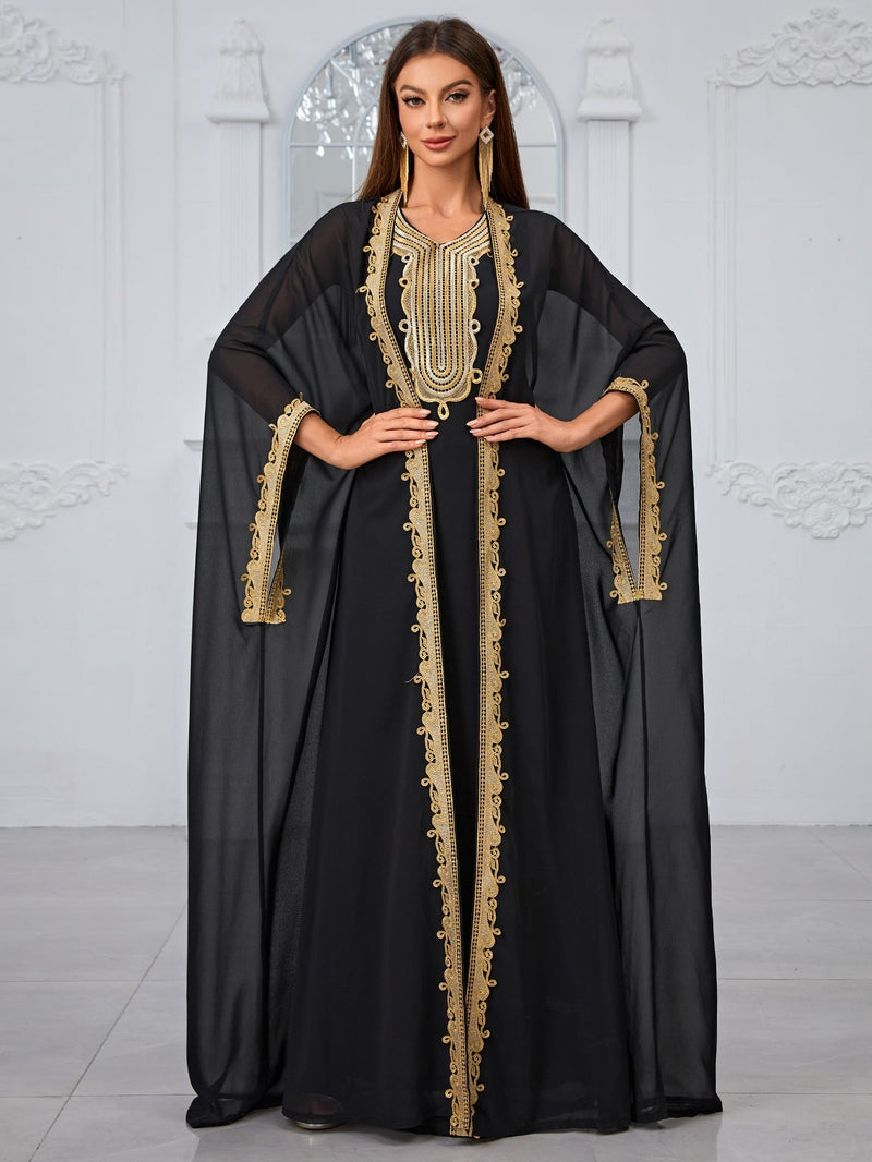 Giffniseti Embroidered Applique Sleeveless Dress And Dolman Sleeve Jacket Two-Piece Set-SS485