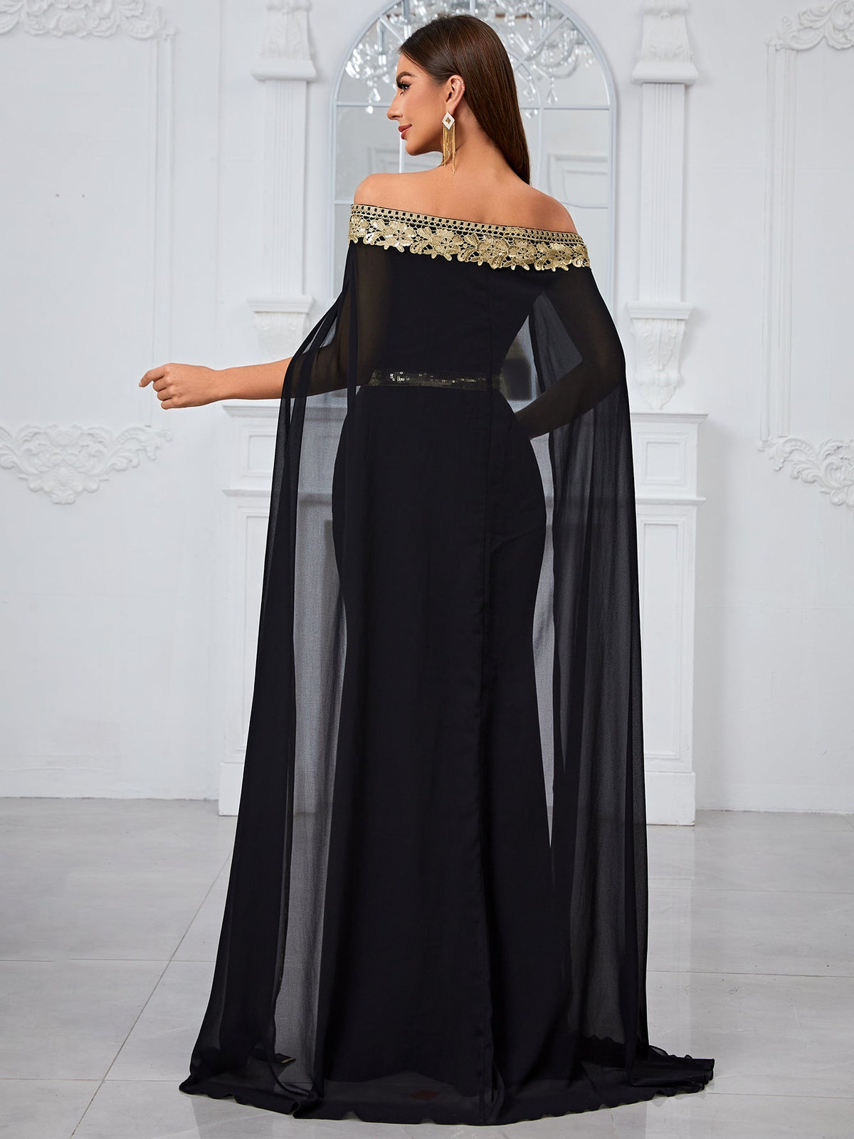 Giffniseti Evening Party Dress: Off Shoulder Chiffon Dress With Ruffle Cape, Lace Overlay, Mermaid Silhouette-GLW20048