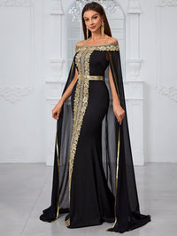 Giffniseti Evening Party Dress: Off Shoulder Chiffon Dress With Ruffle Cape, Lace Overlay, Mermaid Silhouette-GLW20048