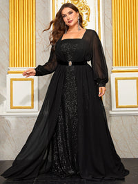 Giffniseti Plus Square Neck Lantern Sleeve Belted Sequin Formal Dress-FMGT1028