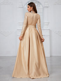 Giffniseti Long Sleeve High Neck Sequin Panel & Pleated Evening Dress (With Belt)-MGT849-2