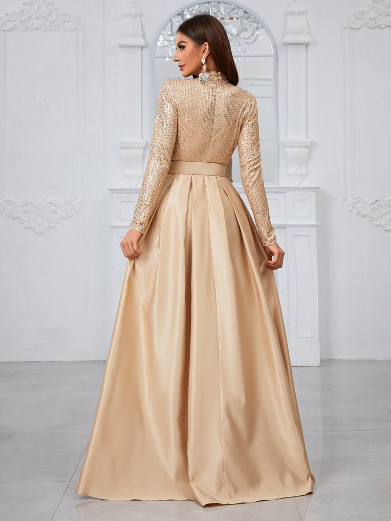 Giffniseti Long Sleeve High Neck Sequin Panel & Pleated Evening Dress (With Belt)-MGT849-2