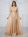 Giffniseti Long Sleeve High Neck Sequin Panel & Pleated Evening Dress (With Belt)-MGT849-2