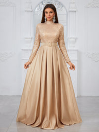 Giffniseti Long Sleeve High Neck Sequin Panel & Pleated Evening Dress (With Belt)-MGT849-2