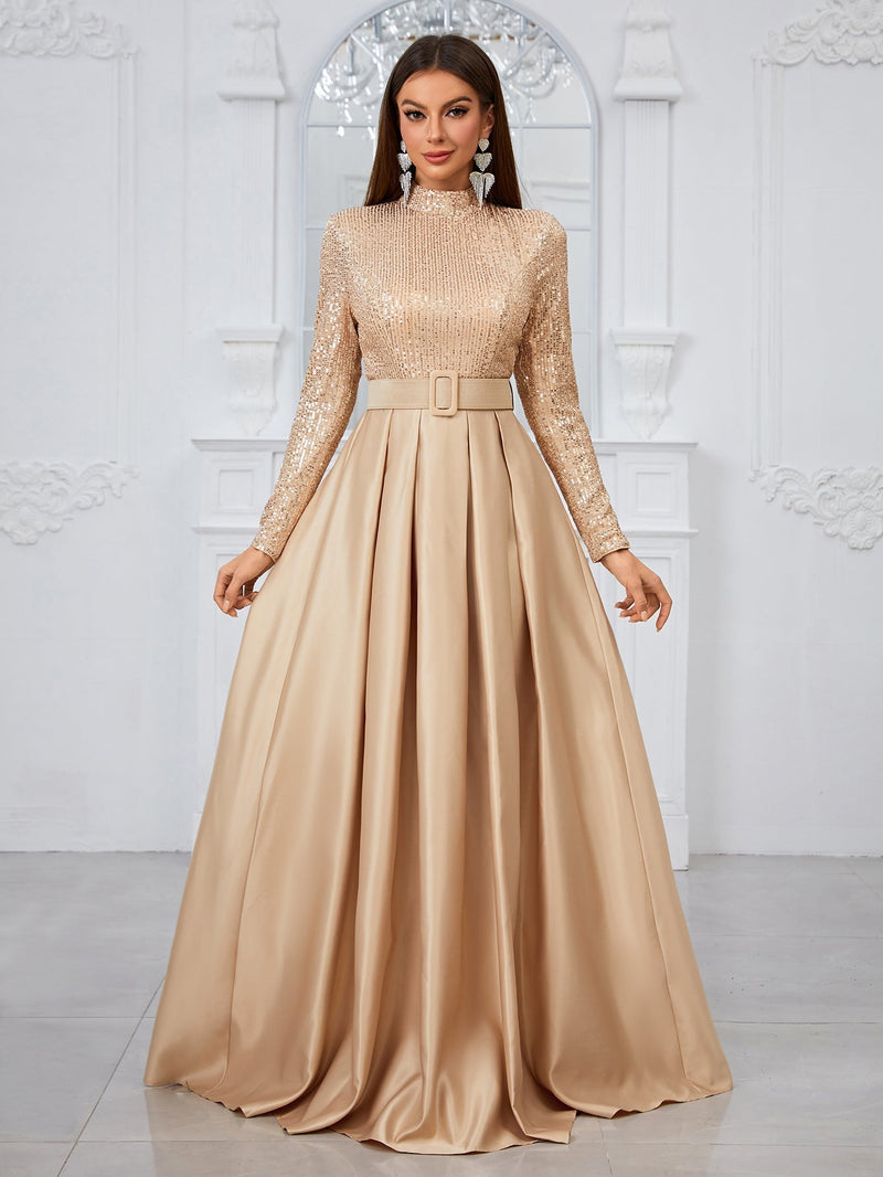 Giffniseti Long Sleeve High Neck Sequin Panel & Pleated Evening Dress (With Belt)-MGT849-2