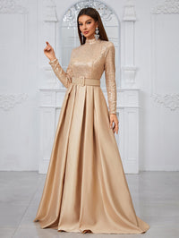 Giffniseti Long Sleeve High Neck Sequin Panel & Pleated Evening Dress (With Belt)-MGT849-2