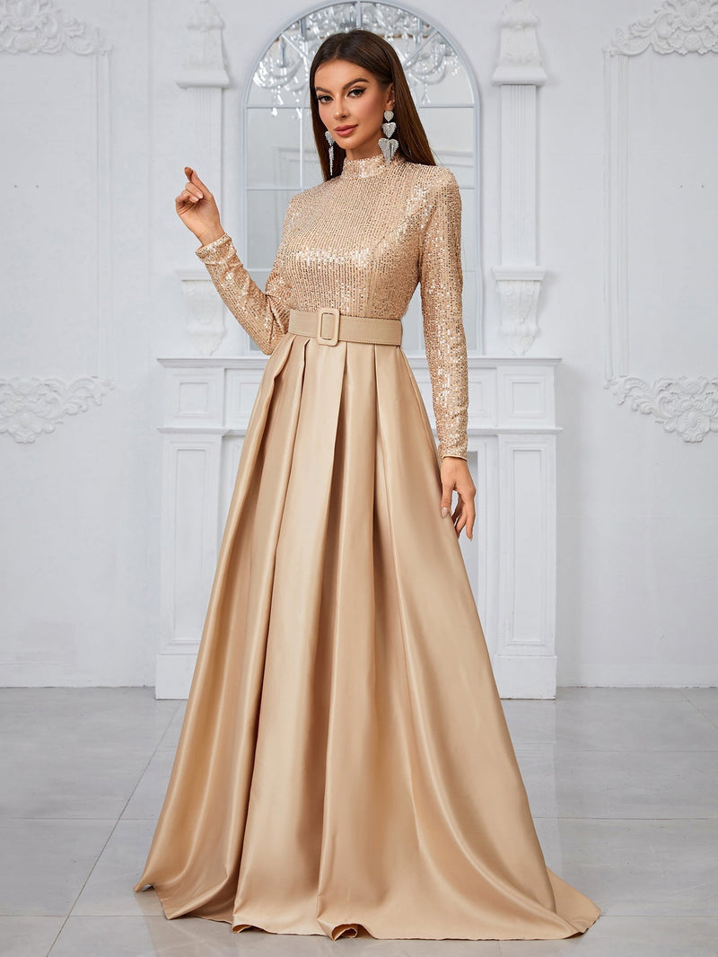 Giffniseti Long Sleeve High Neck Sequin Panel & Pleated Evening Dress (With Belt)-MGT849-2