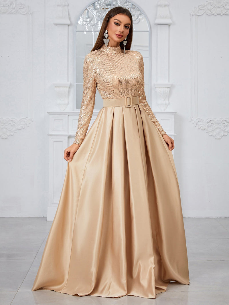 Giffniseti Long Sleeve High Neck Sequin Panel & Pleated Evening Dress (With Belt)-MGT849-2