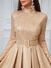 Giffniseti Long Sleeve High Neck Sequin Panel & Pleated Evening Dress (With Belt)-MGT849-2