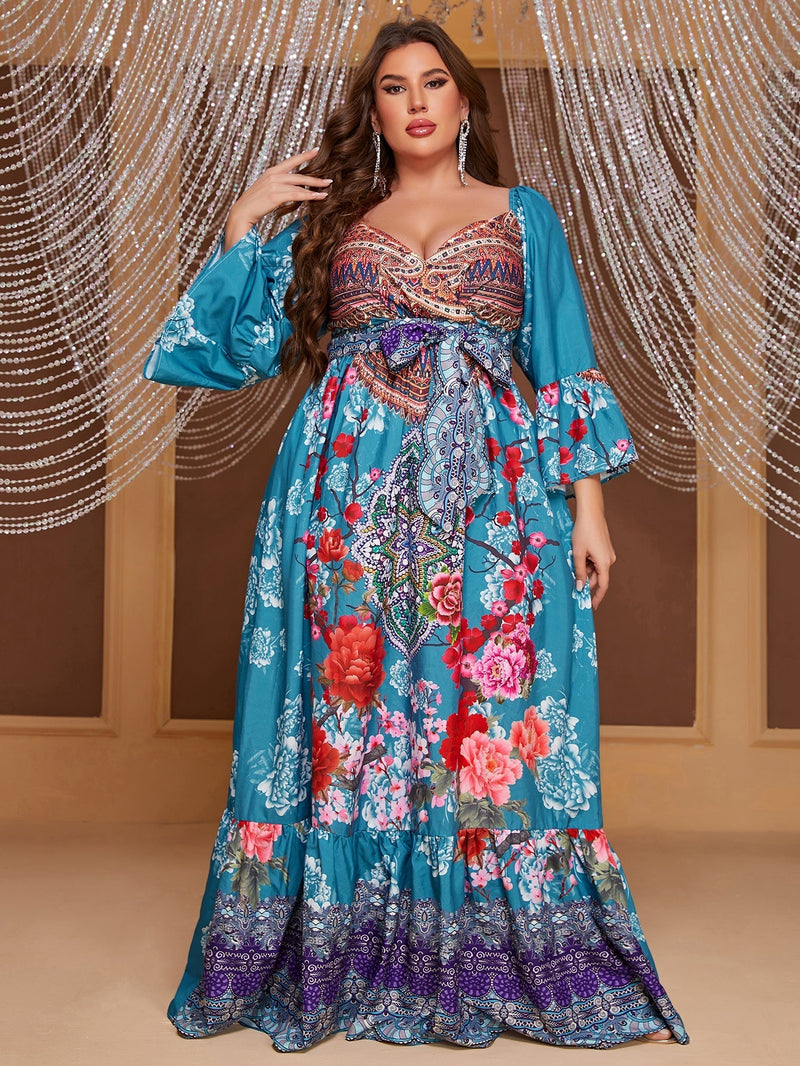 Giffniseti Plus Floral Print Flare Sleeve Ruffle Hem Belted Dress-FSSN1228