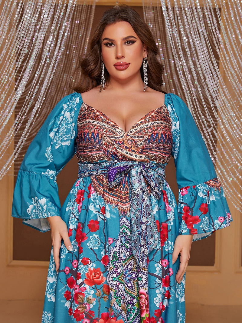 Giffniseti Plus Floral Print Flare Sleeve Ruffle Hem Belted Dress-FSSN1228