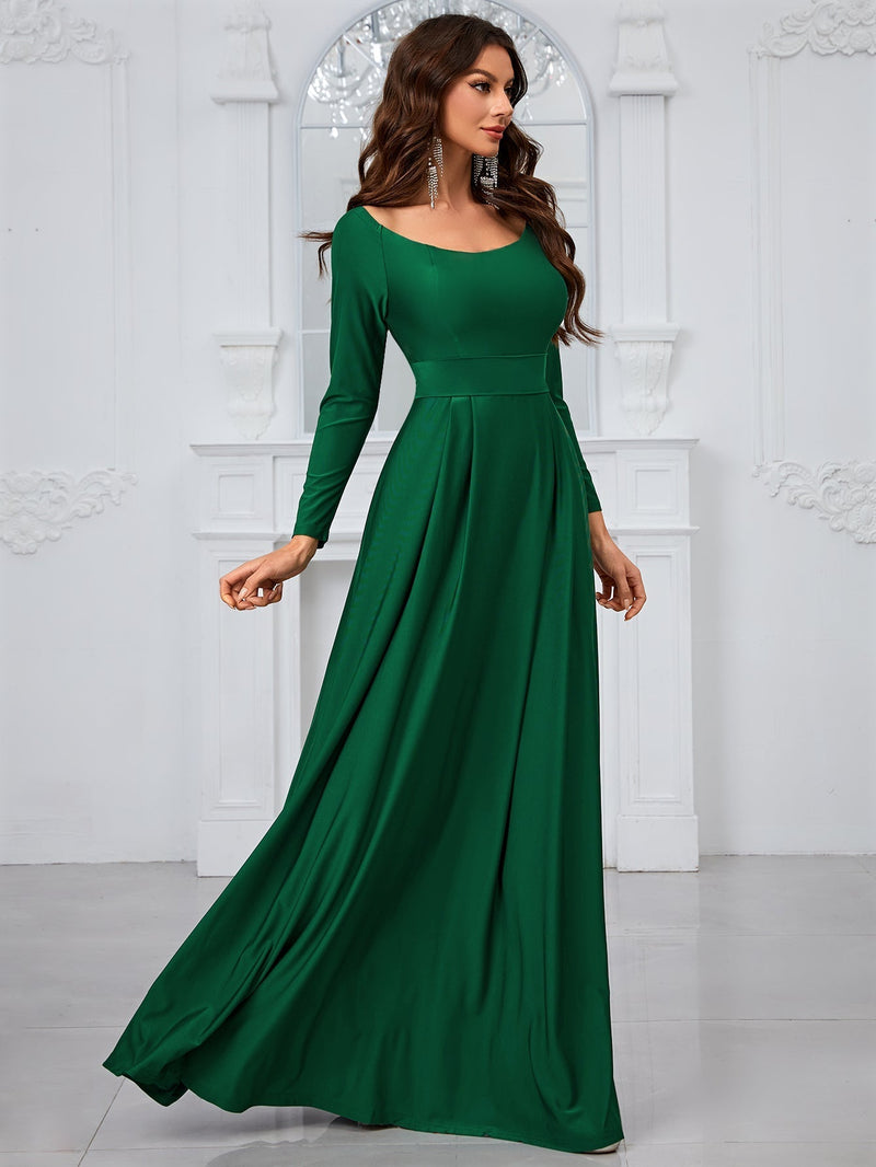 Giffniseti Women'S Solid Color Round Neck Long Sleeve Party Evening Dress-GLW20121