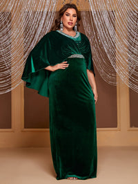 Giffniseti Plus Pearl Beaded Detail Cloak Sleeve Velvet Party Dress-FSSN1230