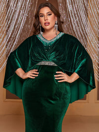 Giffniseti Plus Pearl Beaded Detail Cloak Sleeve Velvet Party Dress-FSSN1230