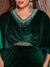 Giffniseti Plus Pearl Beaded Detail Cloak Sleeve Velvet Party Dress-FSSN1230